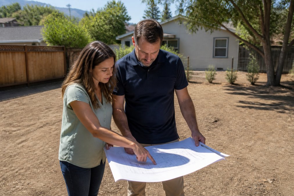 Homeowner and contractor standing in a backyard reviewing printed site plans and pointing at the lot boundaries on a sunny day