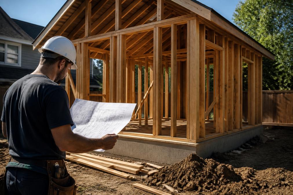 Newly framed detached backyard ADU structure with exposed wooden framing and a construction worker reviewing blueprints on site in afternoon sunlight