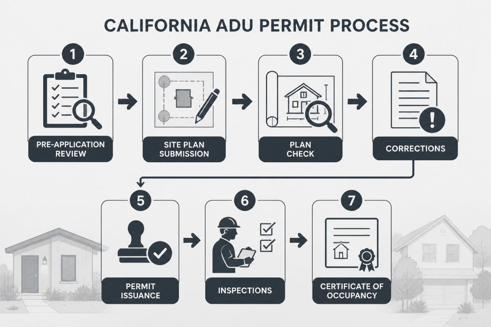 Flowchart of the California ADU permit process: pre-application review → site plan submission → plan check → corrections → permit issuance → inspections → certificate of occupancy