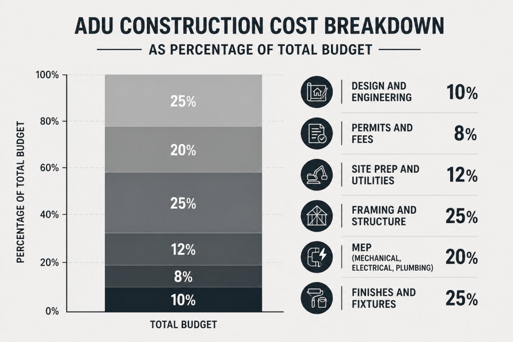 Stacked bar chart showing ADU cost categories as percentage of total budget: design and engineering 10%, permits and fees 8%, site prep and utilities 12%, framing and structure 25%, MEP mechanical electrical plumbing 20%, finishes and fixtures 25%