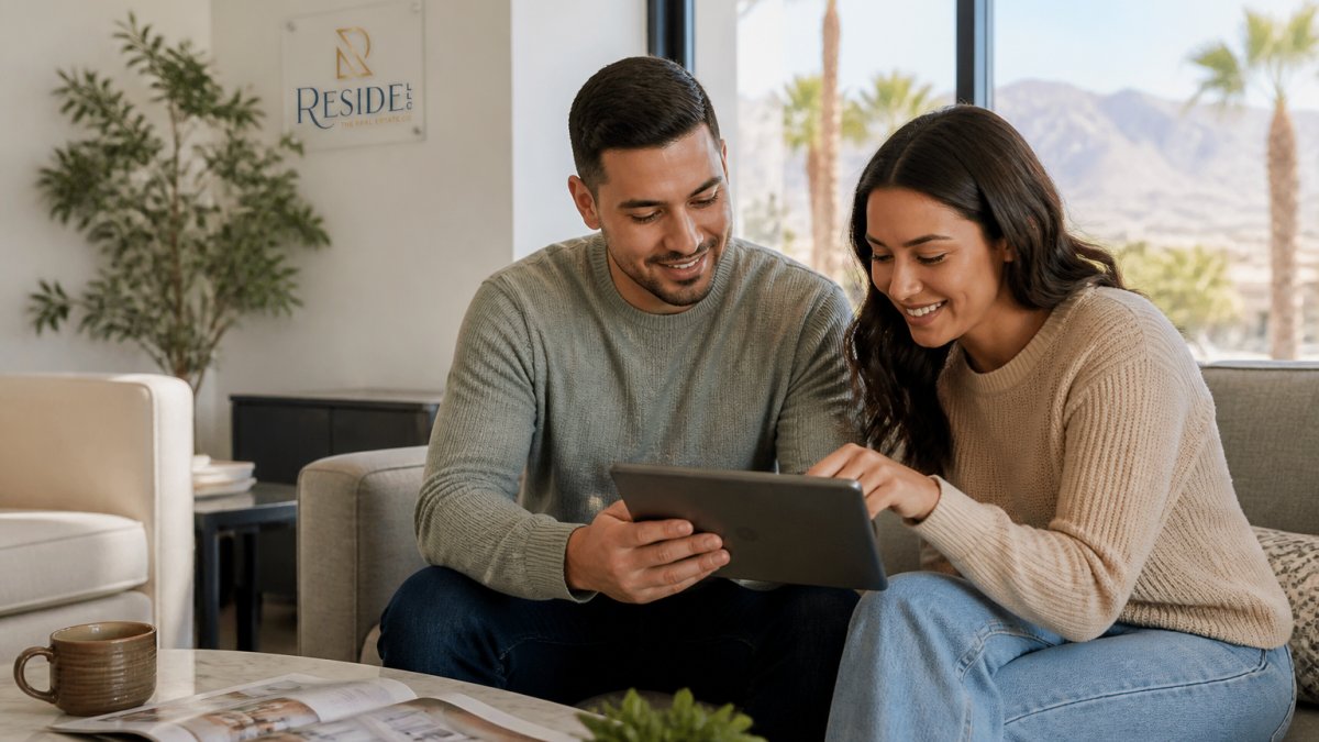 A young couple reviews property listings on a tablet while buying a home in Henderson from their sunlit living room.