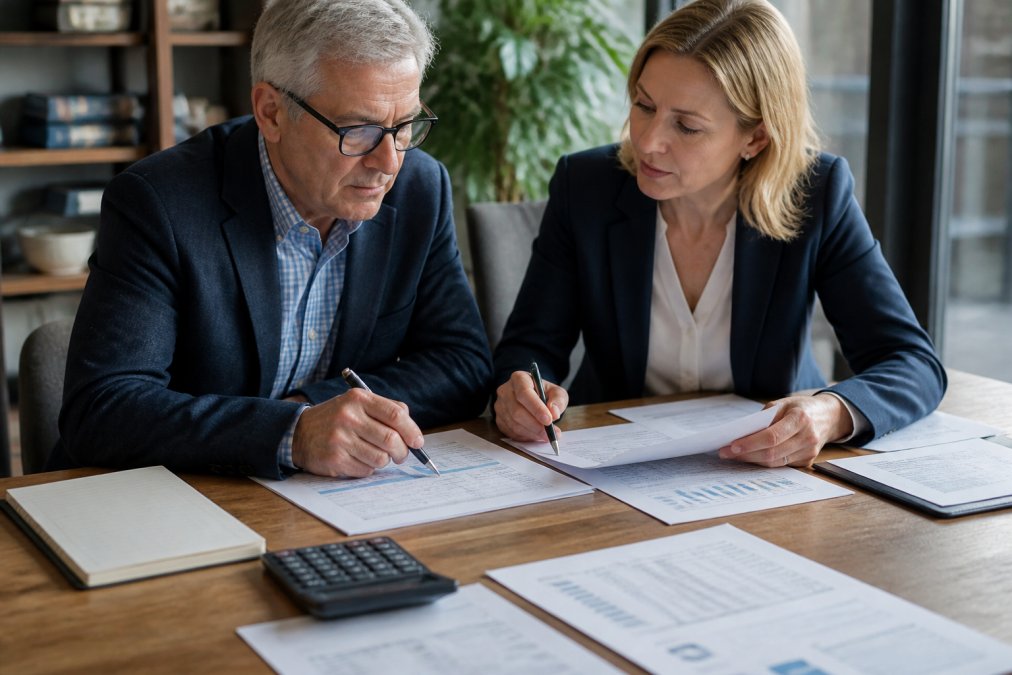 Business owner and advisor reviewing financial documents, spreadsheets, and reports at a wooden desk with calculator, notepad, and pen in natural office lighting