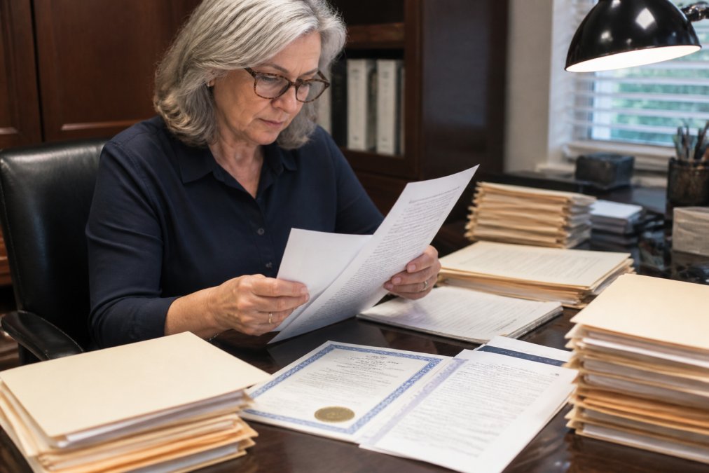 Executor reviewing court documents and letters of authority at a desk with organized files, folders, and certified court papers under desk lamp lighting