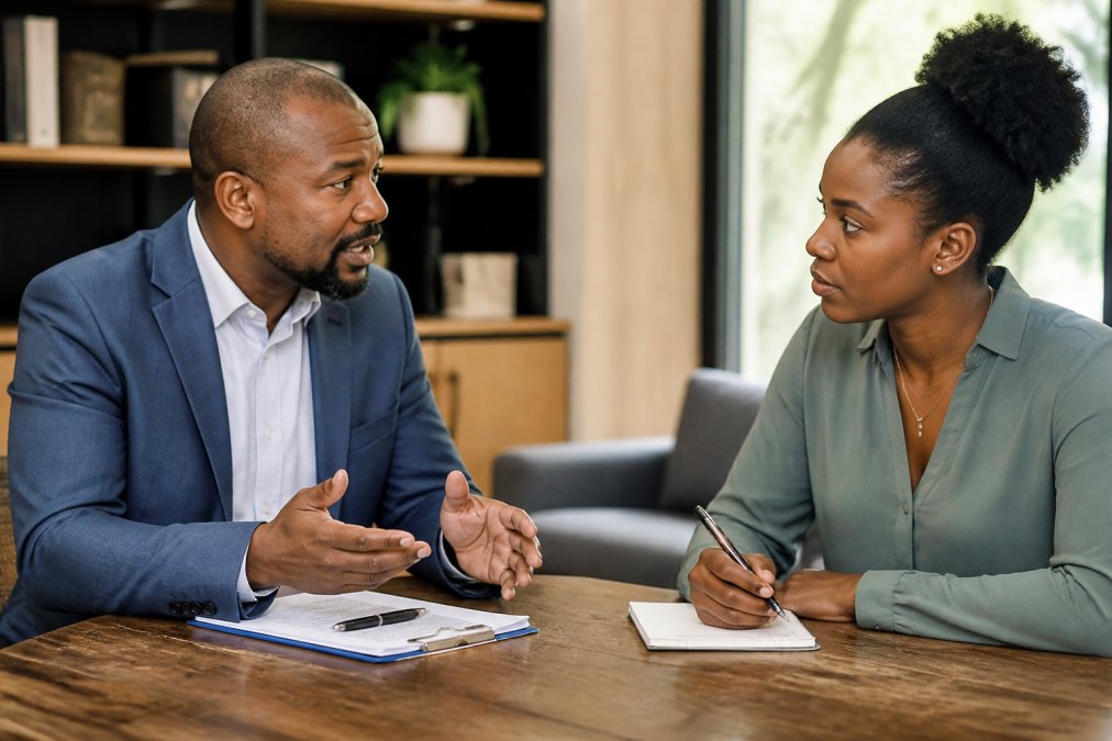 A manager and employee sitting across from each other at a table in a private office, having a serious but supportive conversation with documents and a notepad between them