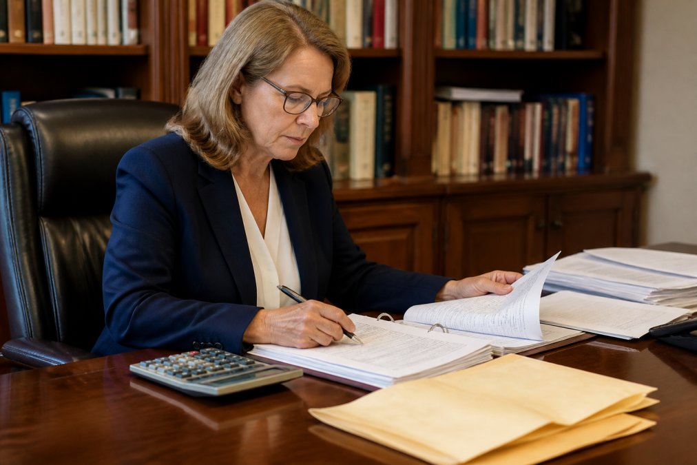 Trustee reviewing financial documents to dissolve a trust after property sale at a desk with beneficiary letters.