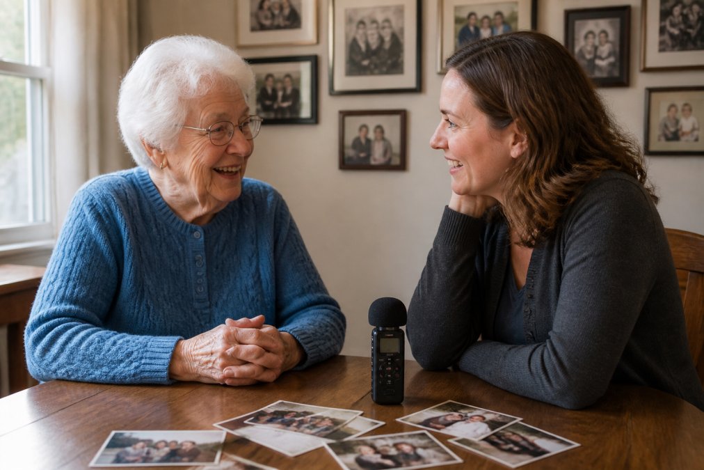 Older adult and adult child sitting at a table with a recording device between them, smiling and engaged in conversation, with family photographs visible on the wall behind them, warm natural lighting from a nearby window