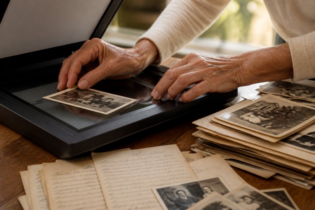 Close-up of hands carefully scanning old family photographs and documents on a flatbed scanner, with a stack of vintage photographs and handwritten letters nearby, warm afternoon light