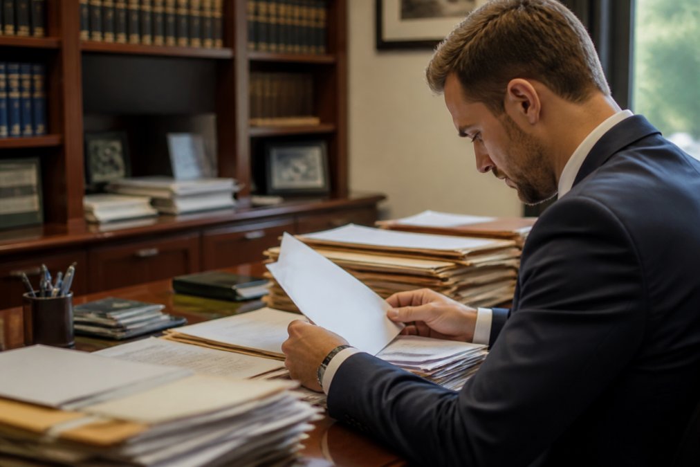 Professional in office reviewing documents on computer screen, representing background check verification process with modern workspace