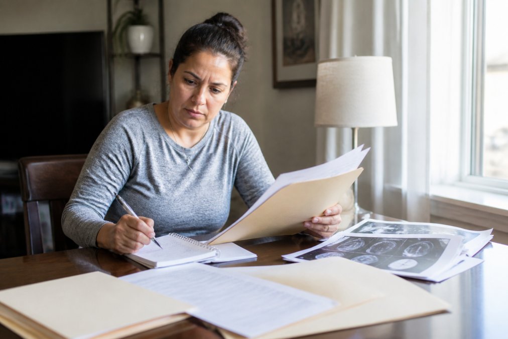 Person sitting at home with medical documents spread out on a table, reviewing records and writing notes in a journal while holding medical folders in natural afternoon light