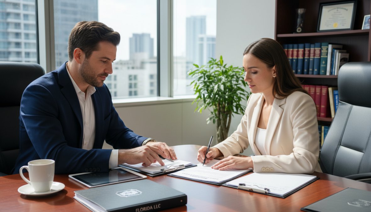 A professional attorney and small business client reviewing compliance paperwork together at a conference table in a bright, professional law office setting with large windows and framed credentials on the wall