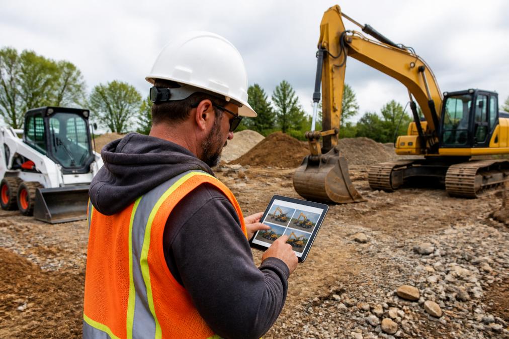 A construction business owner in a hard hat reviewing equipment options on a tablet at a job site with a skid steer and excavator visible in the background