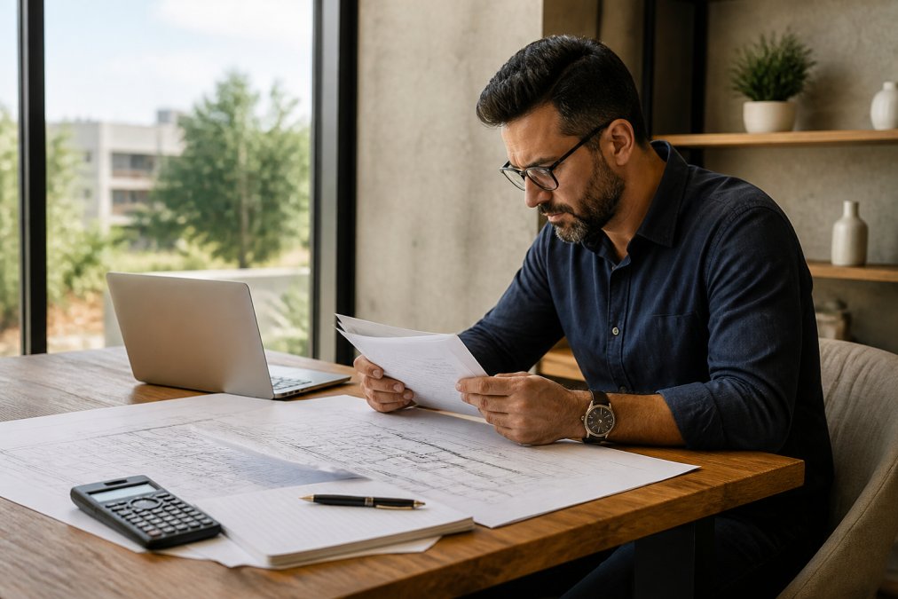 Real estate investor reviewing blueprints and construction financing documents at a wooden desk
