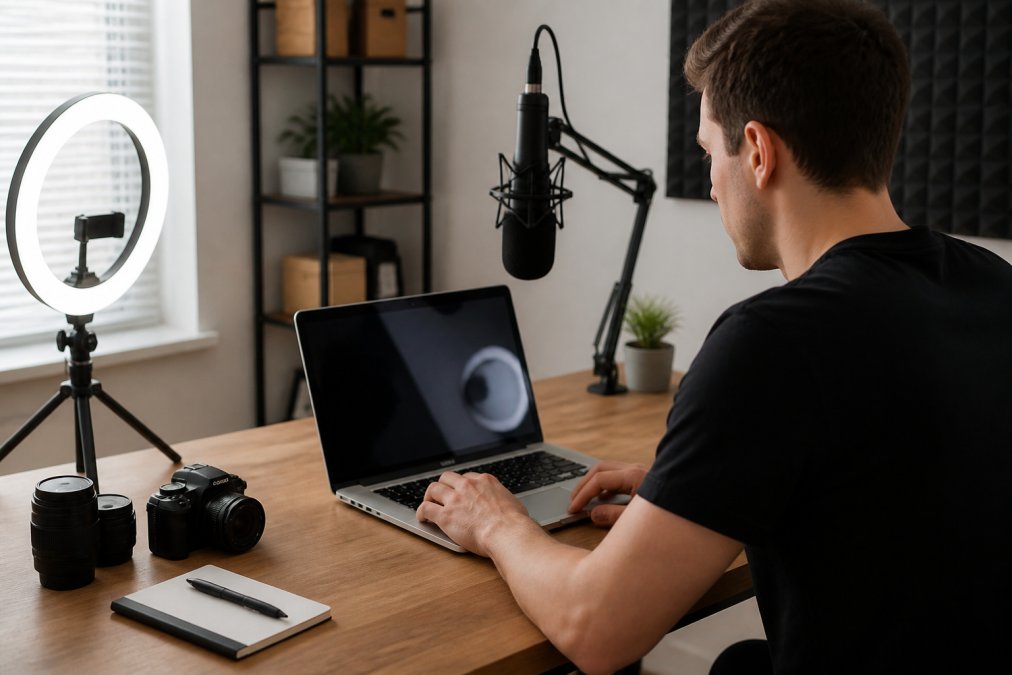 A person sitting at a clean wooden desk setting up a YouTube channel on a laptop, with a ring light glowing softly and a condenser microphone on a boom arm visible in the background, suggesting a tidy home creator studio