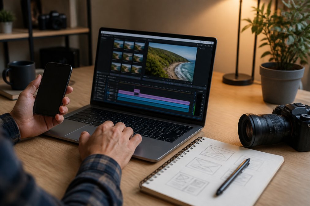 Close-up of a person's hands using a laptop and smartphone side by side on a desk, with video editing software open on the laptop screen and a notebook filled with content planning notes and thumbnail sketches nearby