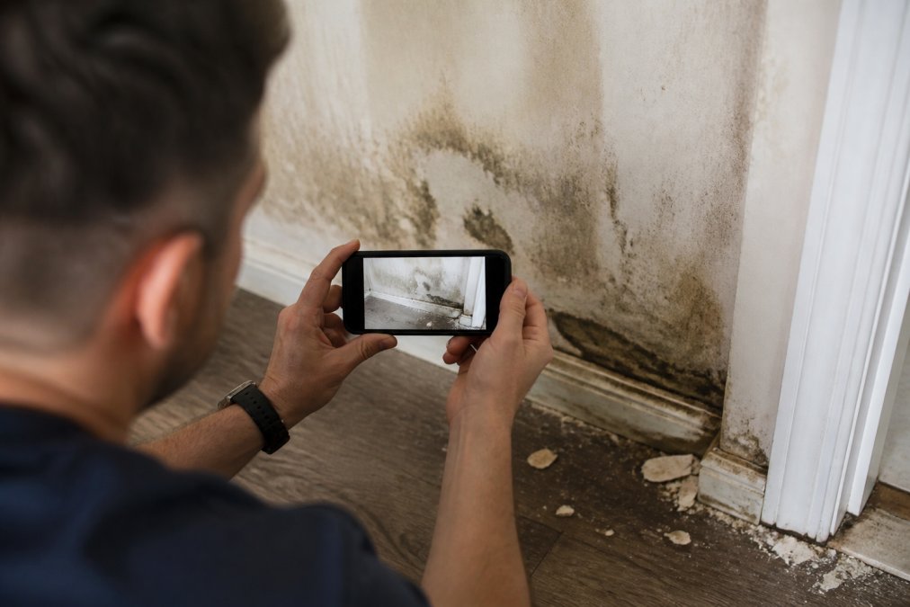 Property owner photographing water-damaged wall and flooring with smartphone, showing moisture stains and damage patterns with timestamp visible on phone screen