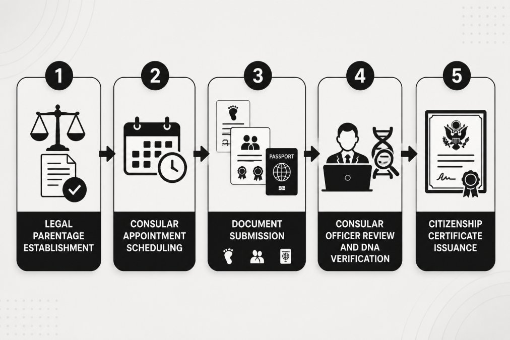 Flowchart showing CRBA filing process: legal parentage establishment → consular appointment scheduling → document submission (birth certificate, parentage proof, citizen parent passport) → consular officer review and DNA verification → citizenship certificate issuance
