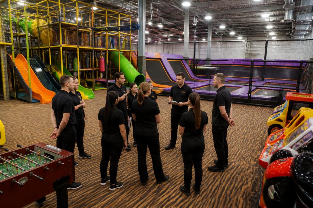 Staff members prepare the new family entertainment center featuring soft play, arcade games, and trampolines.