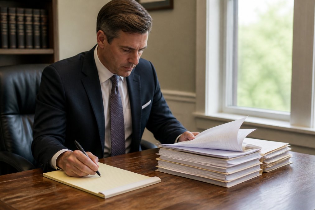 A lawyer reviewing a stack of medical records at a wooden desk, pen in hand over a legal pad, with soft natural light from a nearby window