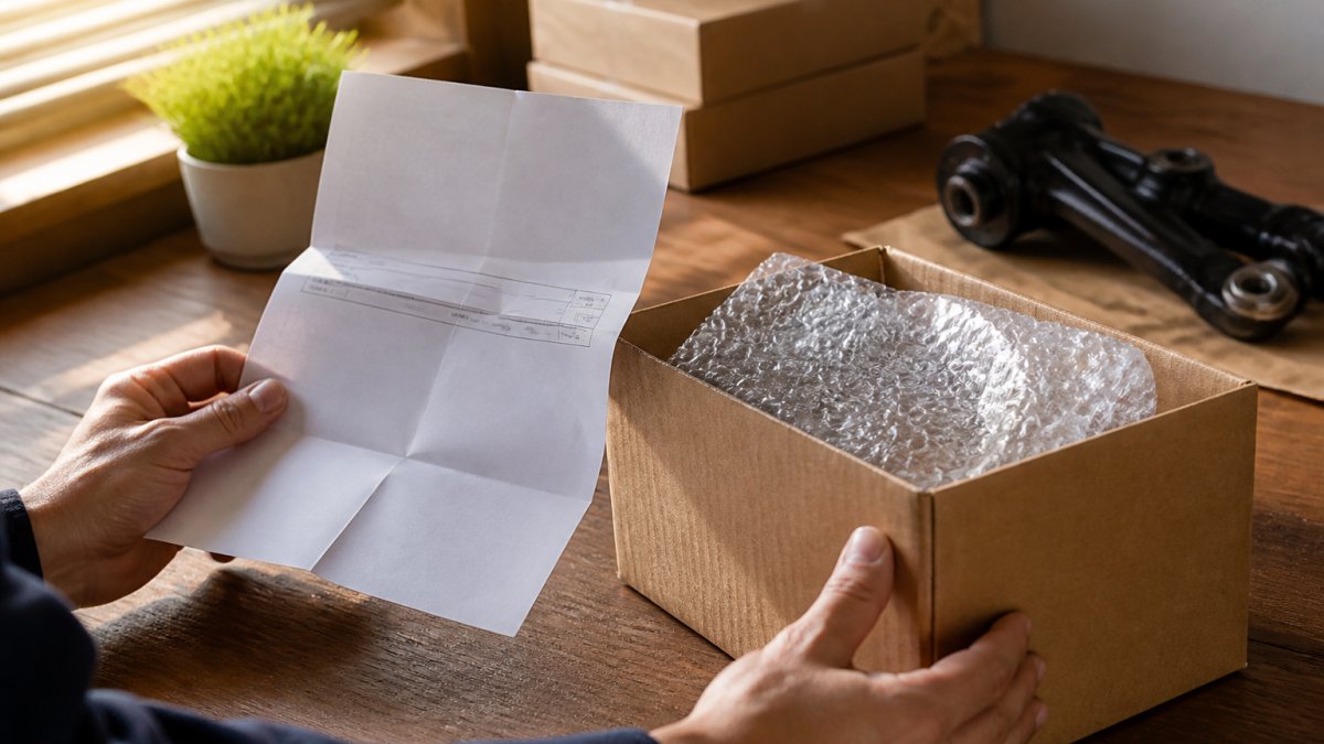 Hands holding an order confirmation and auto parts packaging on a desk