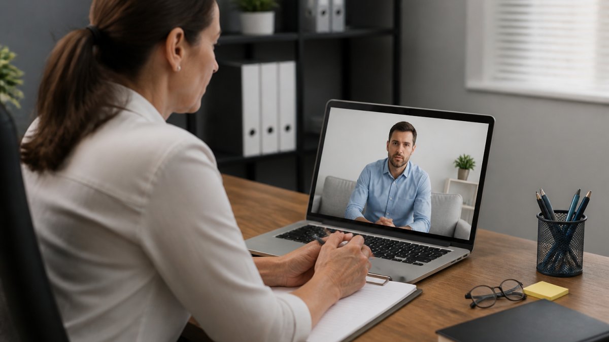 Professional counselor conducting a video consultation with a client in a private office setting, both visible on screen with professional lighting and confidential setting