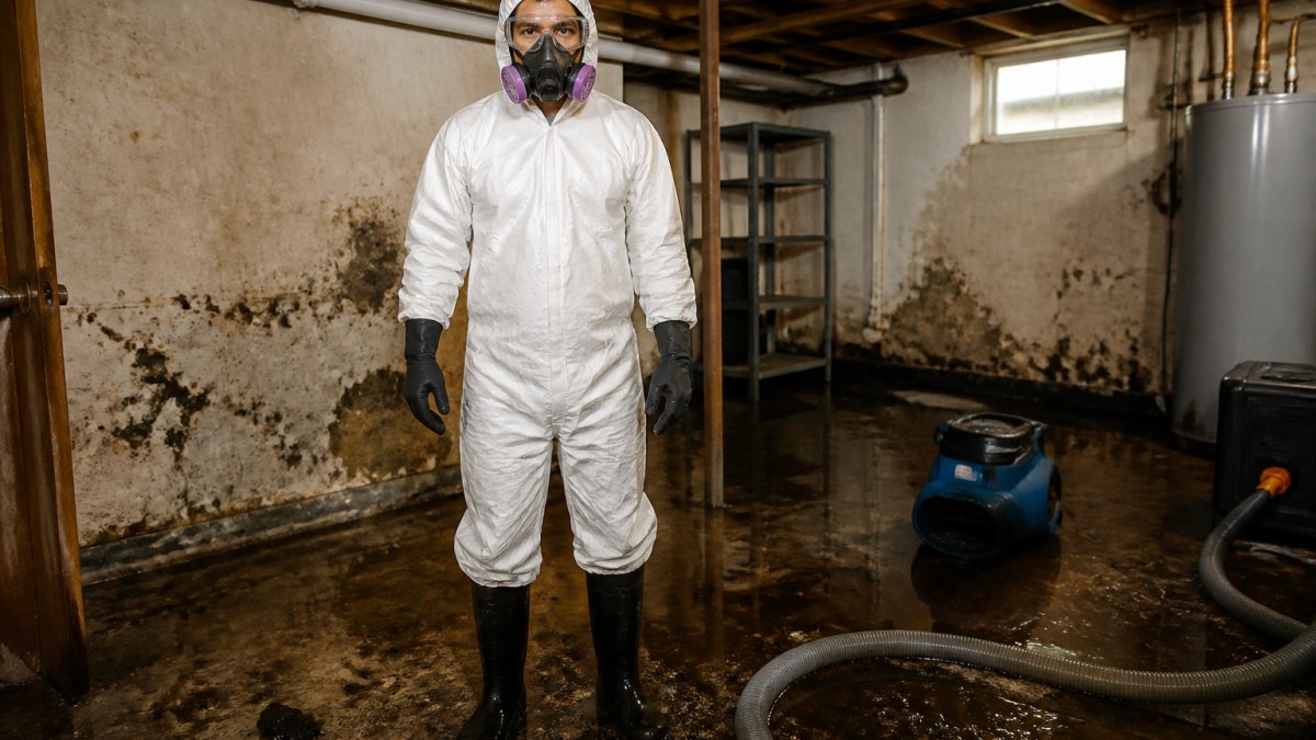 Professional wearing full protective equipment including heavy-duty rubber gloves, waterproof boots, safety glasses, and respirator mask standing in contaminated basement with visible water damage and mold growth