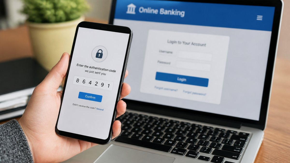 Close-up of a hand holding a smartphone displaying a two-factor authentication code prompt, with a laptop showing a bank login screen in the background