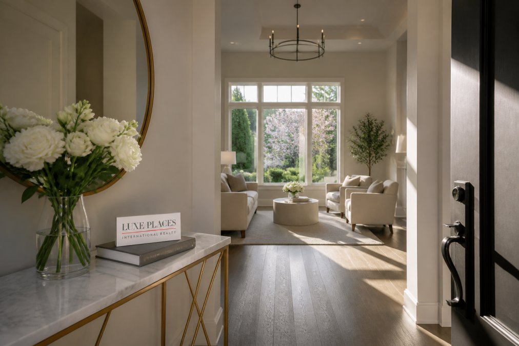 Elegantly staged luxury home entry with neutral-toned furniture, fresh white flowers in a glass vase on a marble console table, and natural sunlight streaming through large windows, creating an inviting and sophisticated atmosphere