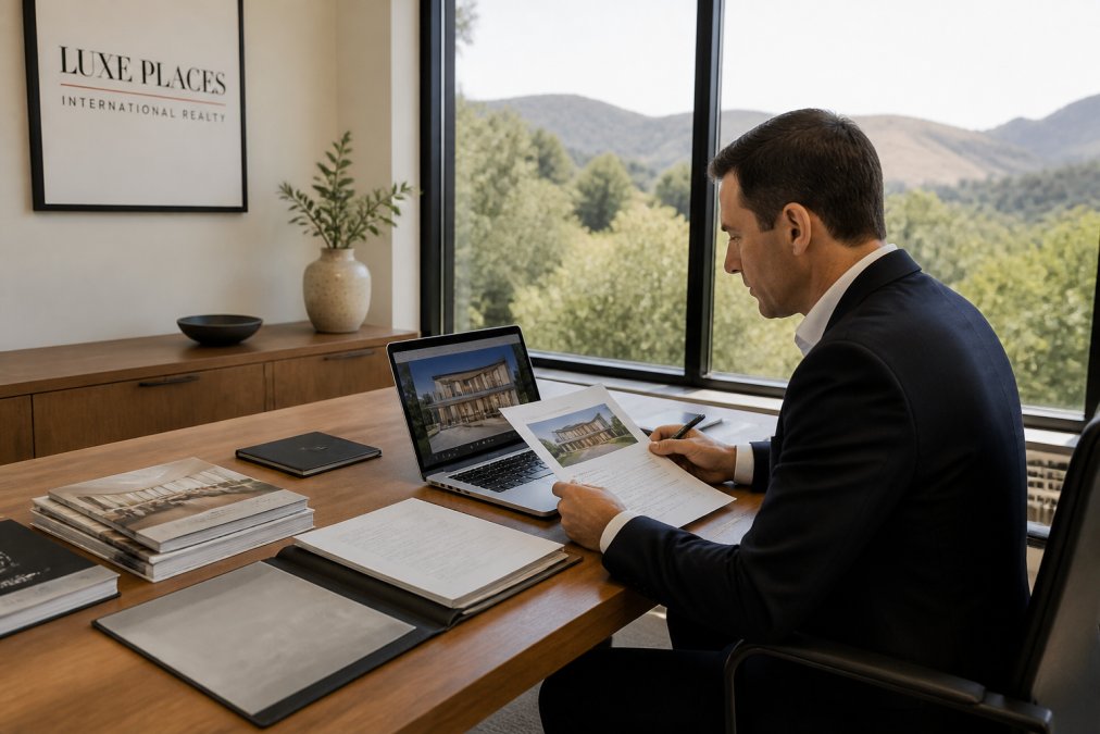Real estate professional reviewing luxury property listing details and marketing analytics on a laptop in a modern office with large windows, professional workspace with organized documents