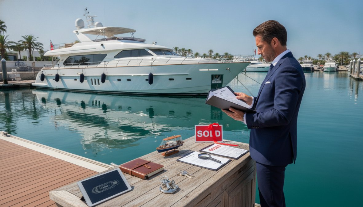Process diagram showing steps for gleaming and white and superyacht concepts for steps to sell a luxury yacht