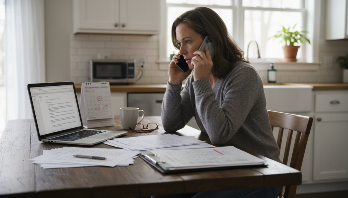 A homeowner sitting at a kitchen table with paperwork and a laptop open, speaking on the phone, appearing focused and determined while reviewing documents in warm afternoon light