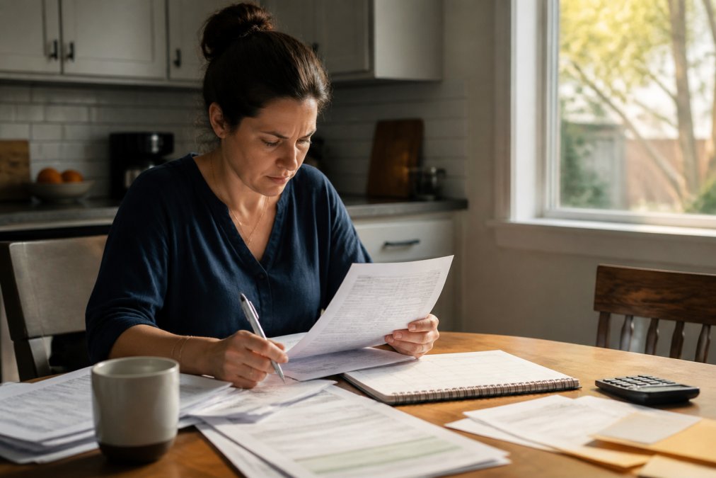 A homeowner sitting at a kitchen table reviewing mortgage documents and a calendar with a pen in hand, late afternoon light through the window