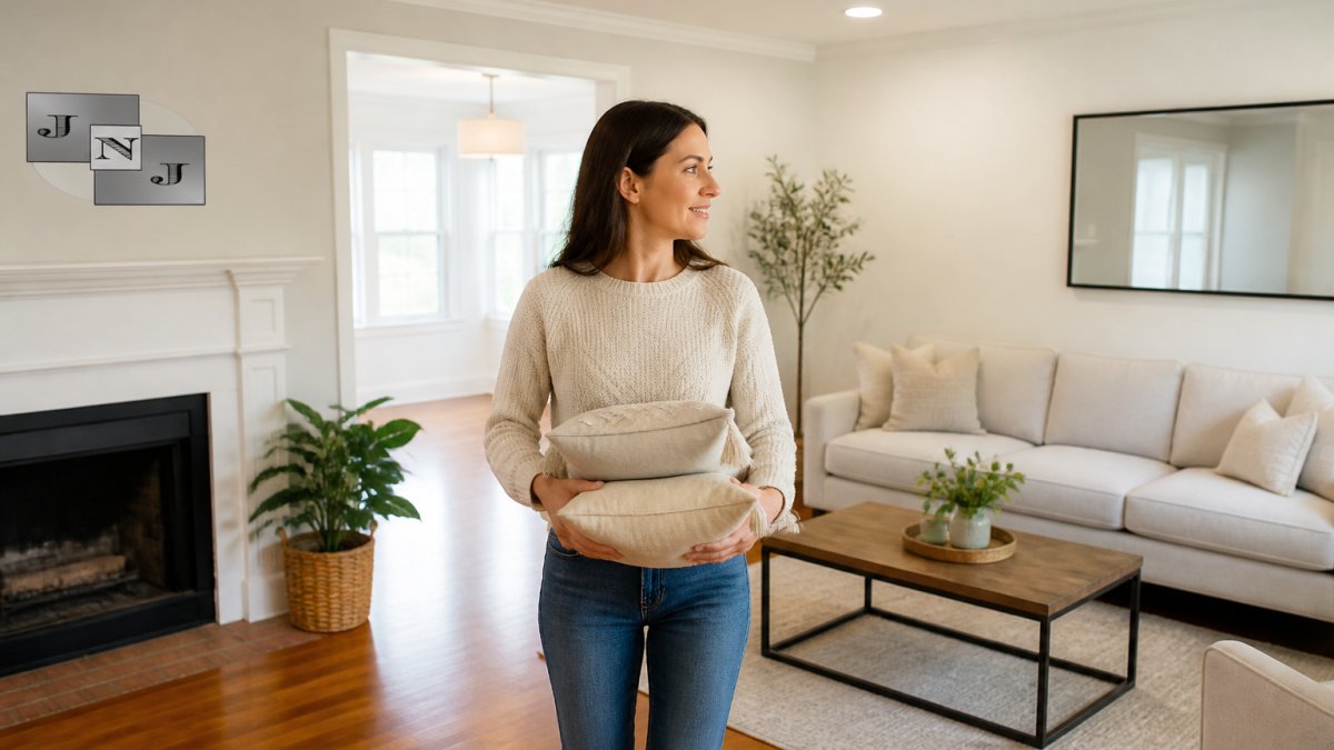 Homeowner standing in a bright, decluttered living room with fresh white paint, clean light fixtures, neutral furnishings, and polished hardwood floors ready for showing