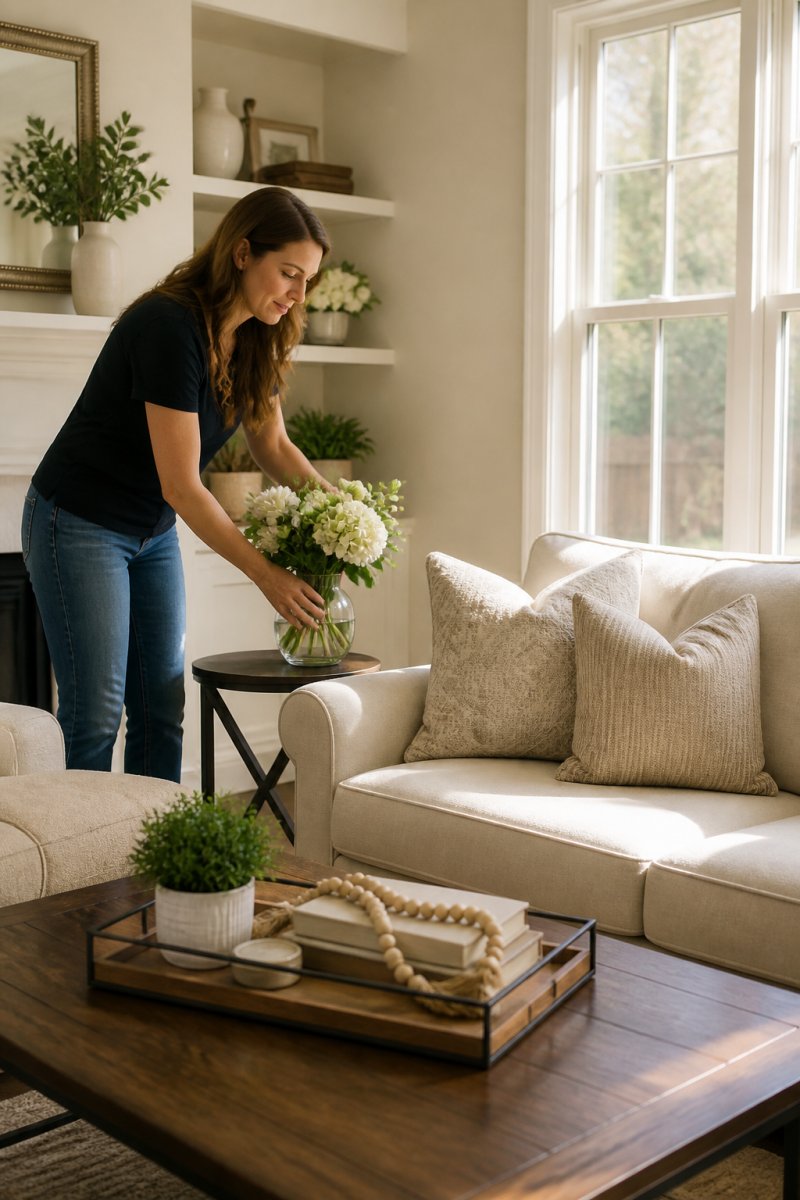 Homeowner staging a bright living room with neutral-colored furniture, fresh flowers on a side table, and warm sunlight streaming through clean windows