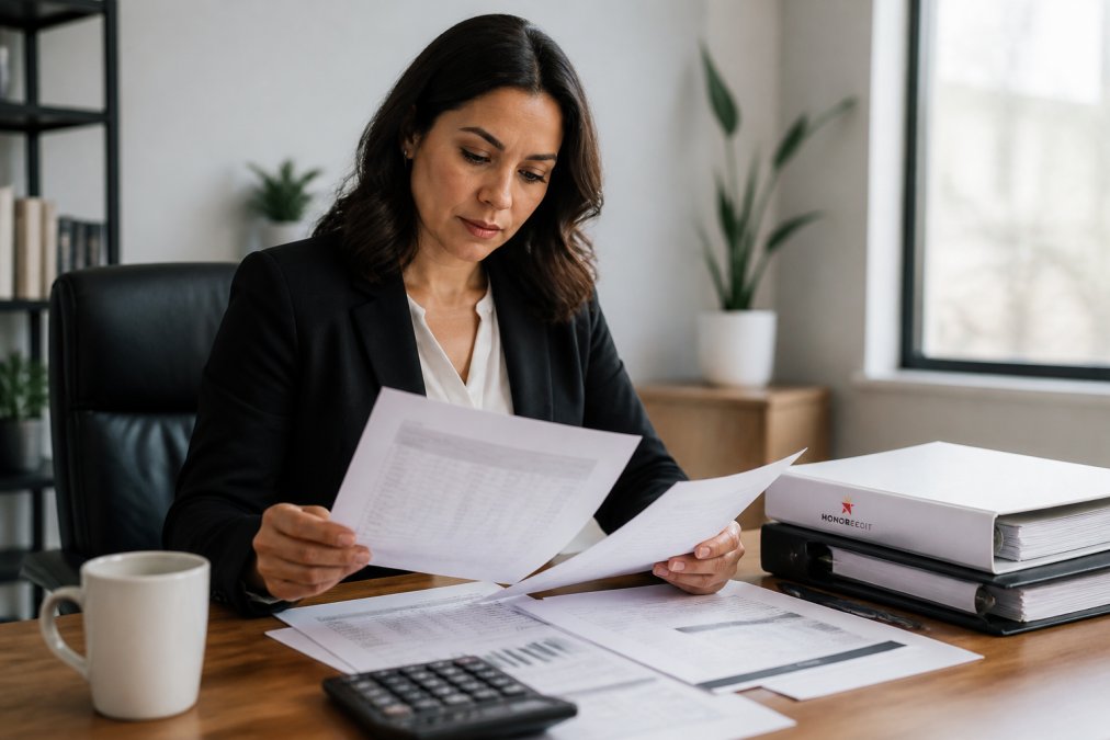 Business owner reviewing bank statements and financial documents at a desk with a laptop and organized file folders, natural office lighting