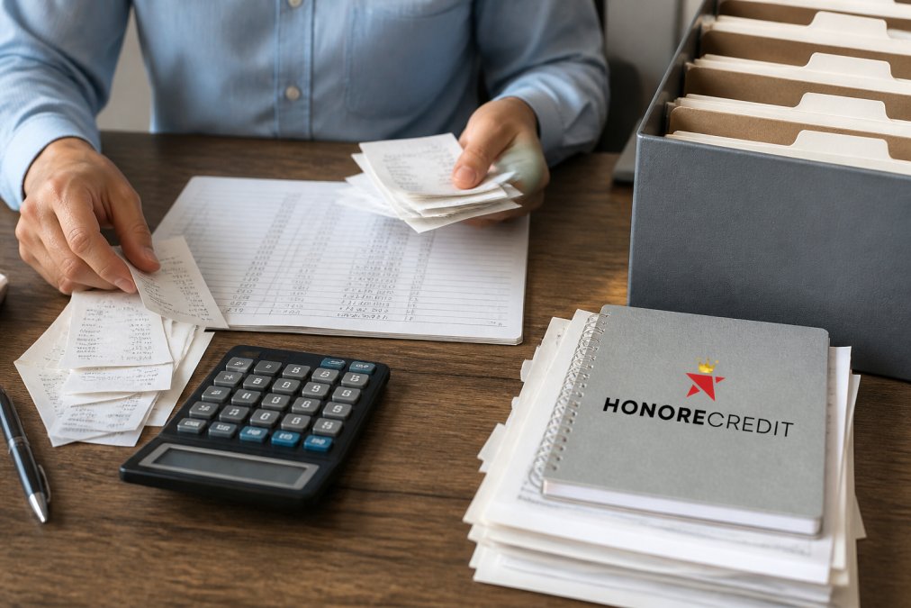 Close-up of hands organizing receipts and expense records with a calculator and accounting ledger on a clean workspace, organized filing system visible
