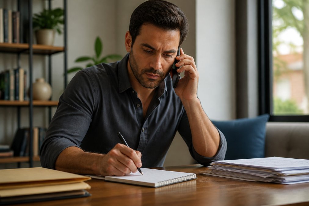 Person sitting at desk with phone and notepad, writing down important information during a serious conversation with focused expression