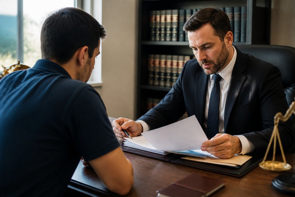 Professional attorney and client having focused discussion across desk in law office, reviewing documents together with serious concentration