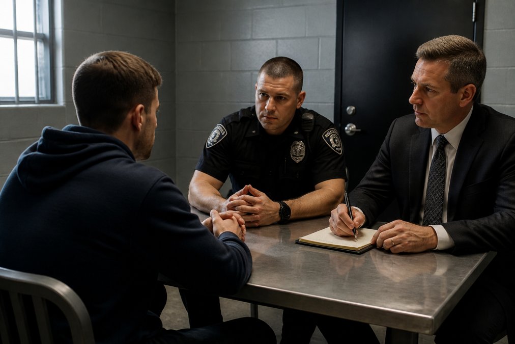 A person sitting calmly across a table from a law enforcement officer in a sparse interrogation room, with a suited defense attorney seated beside them, fluorescent overhead lighting casting a neutral tone