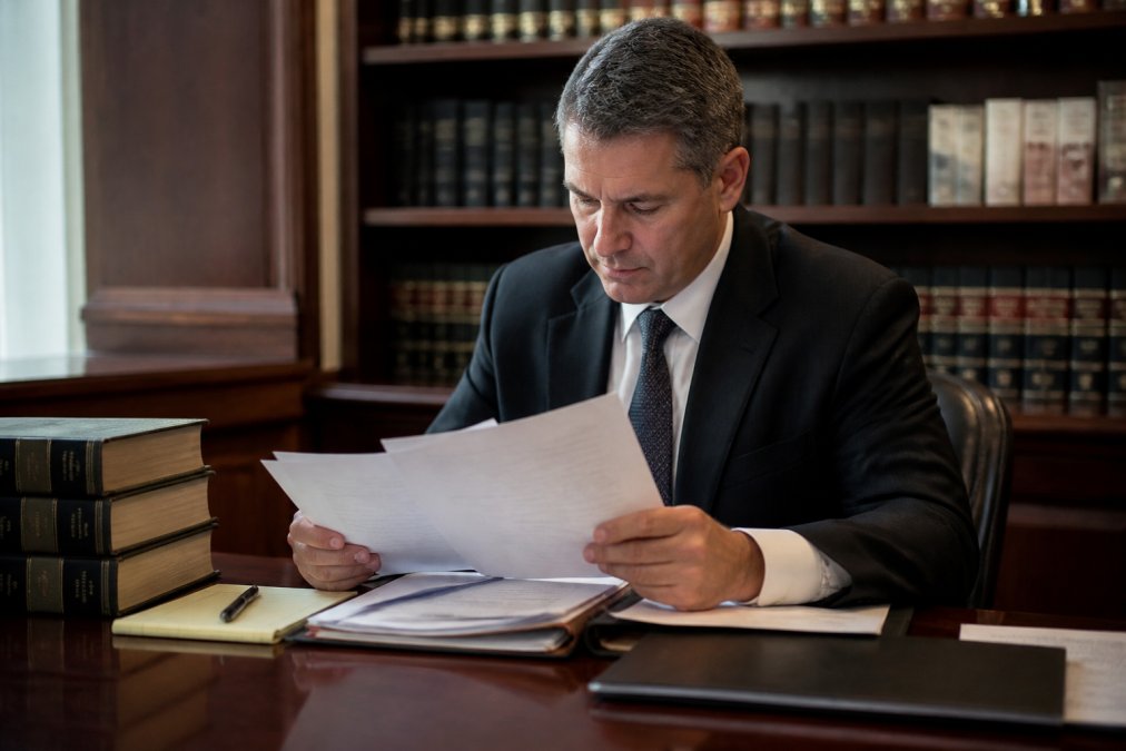 A professional criminal defense attorney in a dark suit reviewing case documents at a mahogany desk, law books stacked behind him, notepad and pen visible, warm office lighting