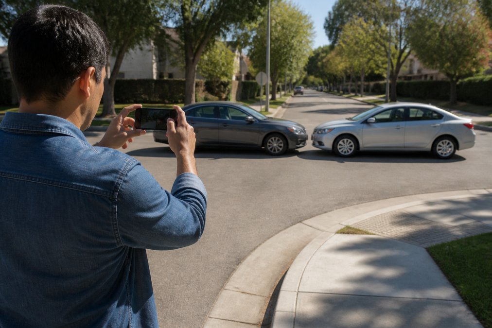 A driver standing on a sunny suburban street using a smartphone to photograph two cars stopped at an intersection, capturing vehicle positions and the surrounding roadway