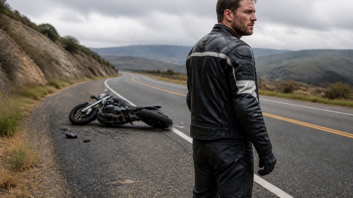 Motorcyclist standing safely on roadside away from traffic after accident, wearing protective gear with damaged motorcycle visible in background, overcast lighting