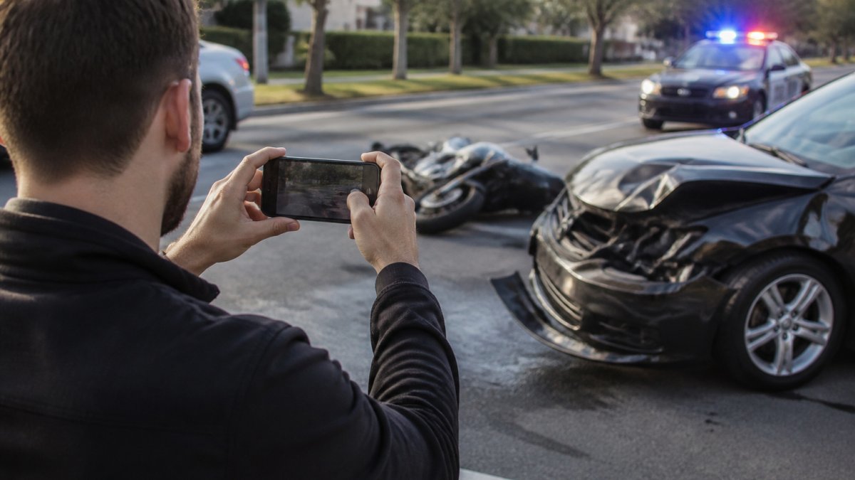 Person photographing vehicle damage at a crash site, one of the essential steps to take after a motorcycle accident in