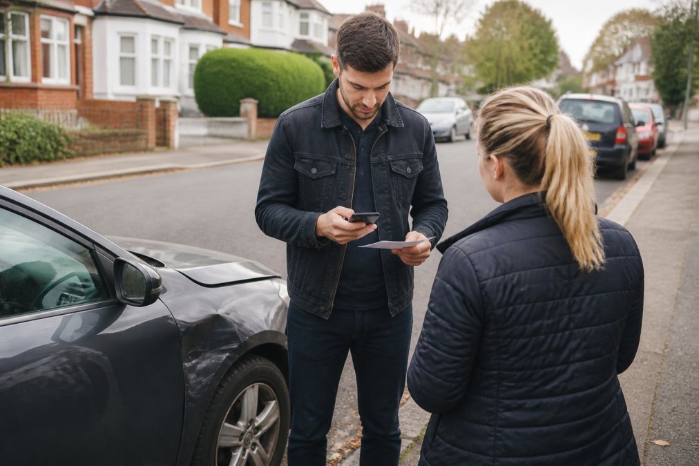 A driver standing beside a car with a dented front wing, holding a smartphone and reading the other driver's insurance details on a quiet residential street in daylight