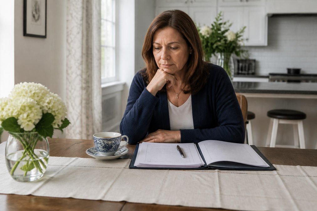 A middle-aged adult sitting at a kitchen table with a folder of documents, a pen, and a cup of tea, looking thoughtful and composed in a quiet home setting