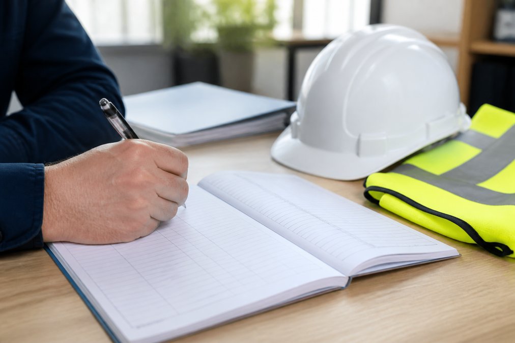 A close-up of a workplace accident book being filled in with a pen, alongside a hard hat and high-visibility vest on a desk in a bright office