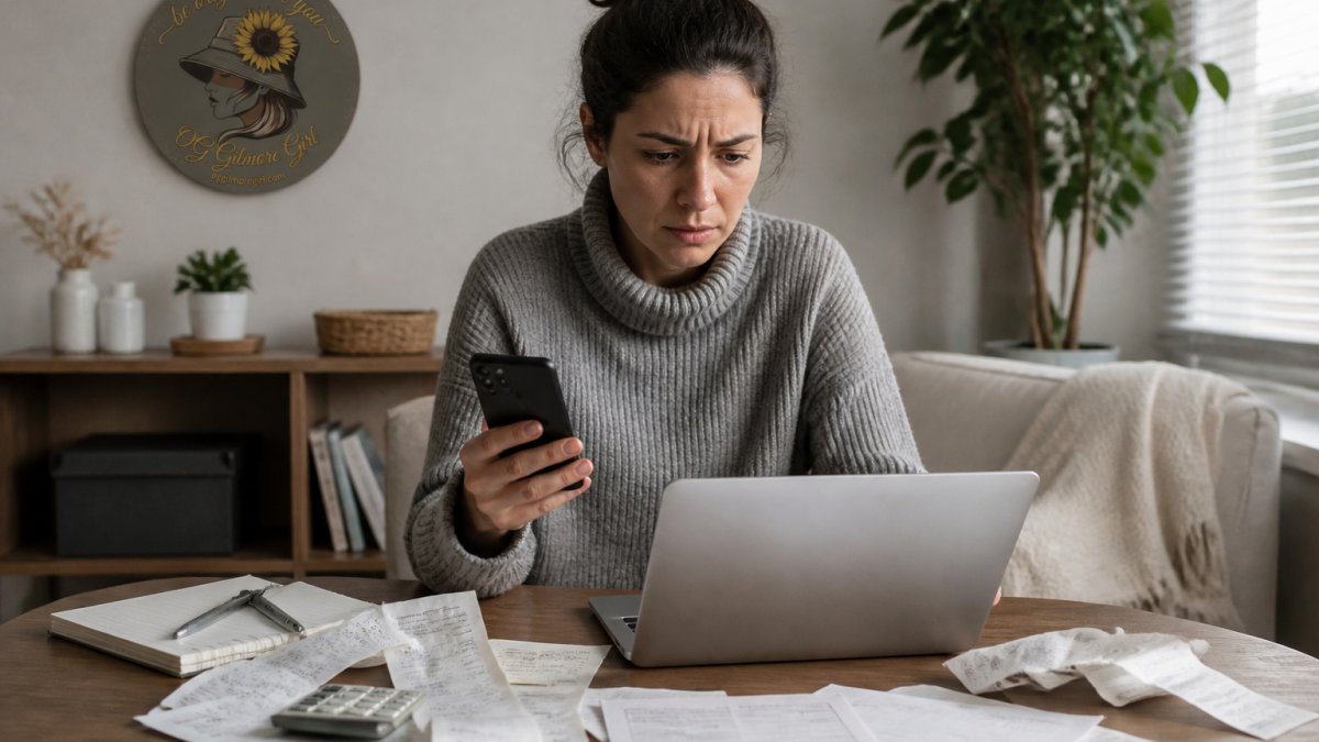 Concerned woman using a laptop and phone while reviewing receipts to resolve an online shopping issue