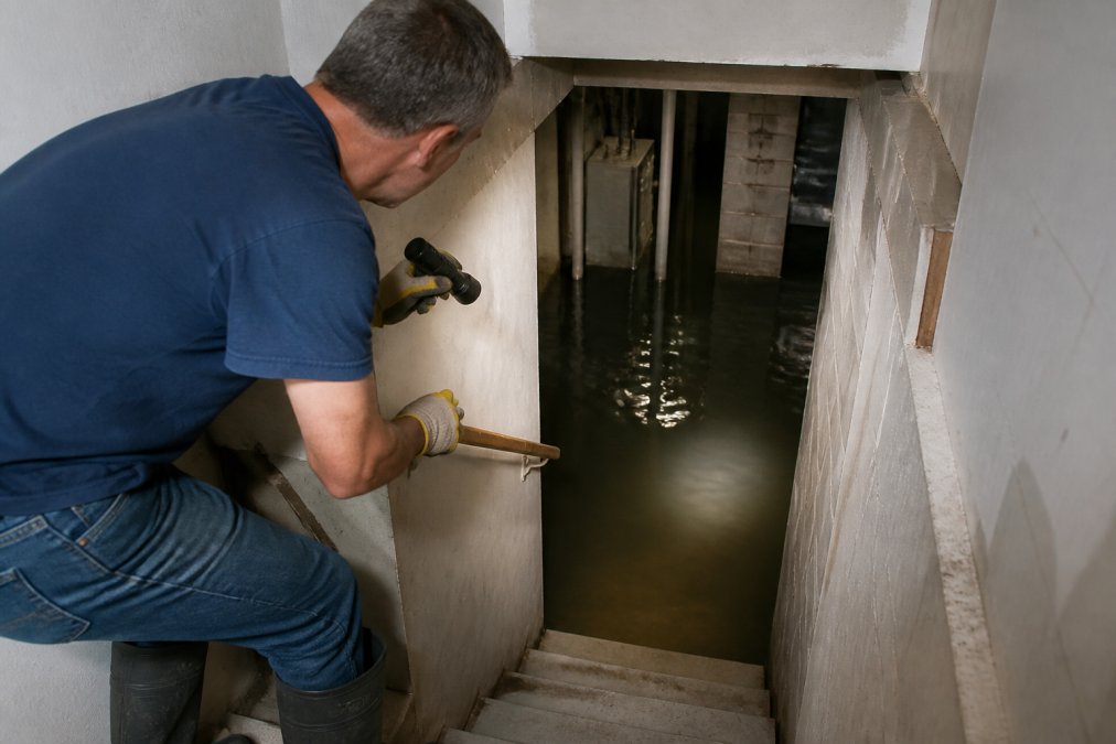 A homeowner in rubber boots and work gloves cautiously peering down a basement staircase toward dark floodwater, holding a flashlight and gripping the railing