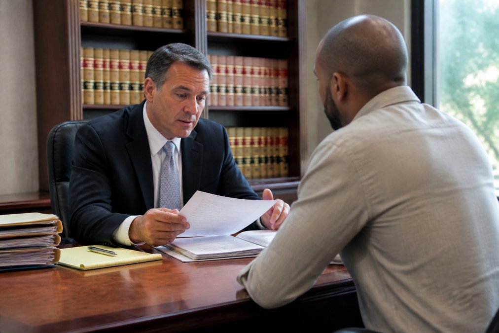 Professional illustration showing person and sitting and across concepts for steps to take after criminal charges