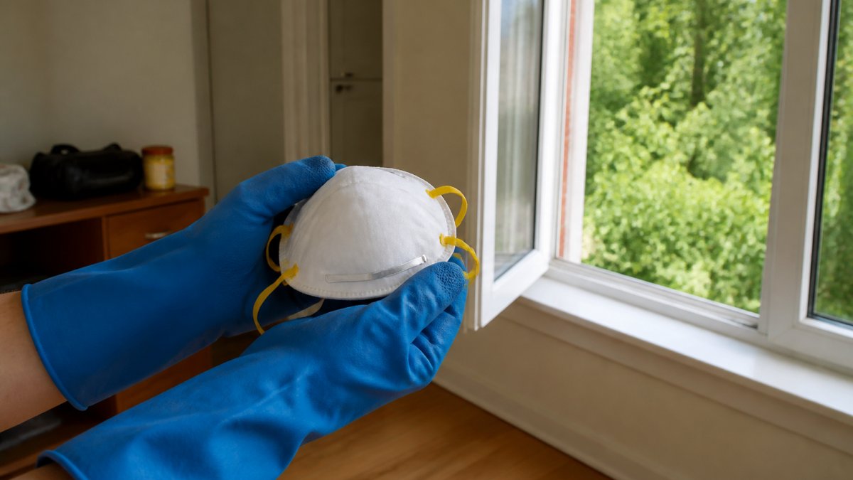 Hands wearing heavy-duty gloves holding an N95 mask near an open window as part of the steps to take after finding rodent