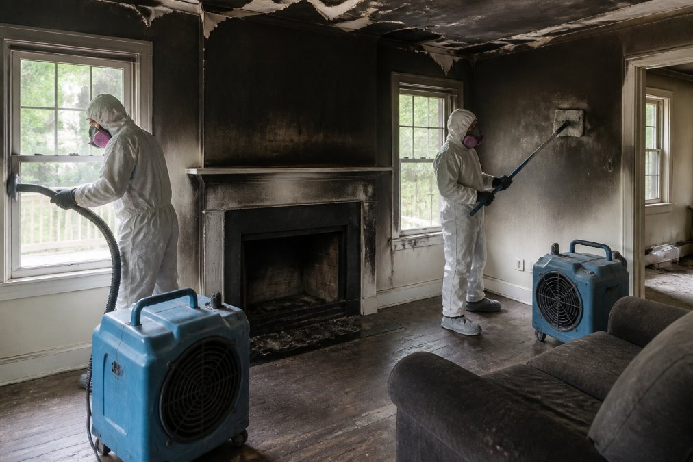 Restoration technicians in protective gear using specialized equipment to clean soot and smoke damage in a residential living room, with HEPA air scrubbers visible